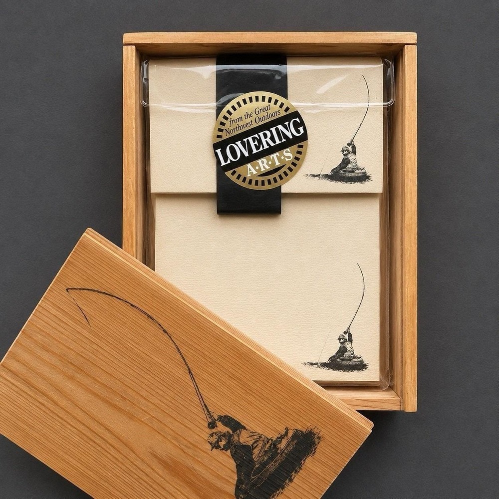 Vintage Lovering ARTS‎ Fly Fishing Stationery Set Wood Slide Top Box